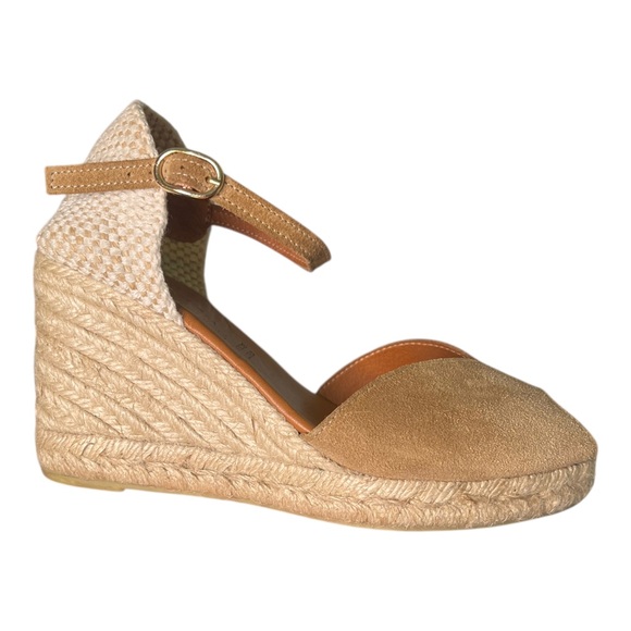 Shoes - Dalson Tan Suede Peep Toe Wedge Espadrille Sandals Made In Spain Size 6.5